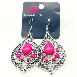 PAPARAZZI Malibu Mama Earrings Hot Pink Beads Silver Tone Boho Festival Party